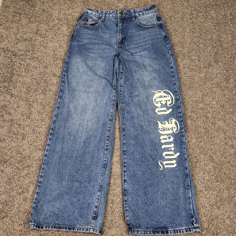 Ed Hardy Wide Leg Jeans Womens 28 Blue Excellent Tattoo Graphic Cinch Back